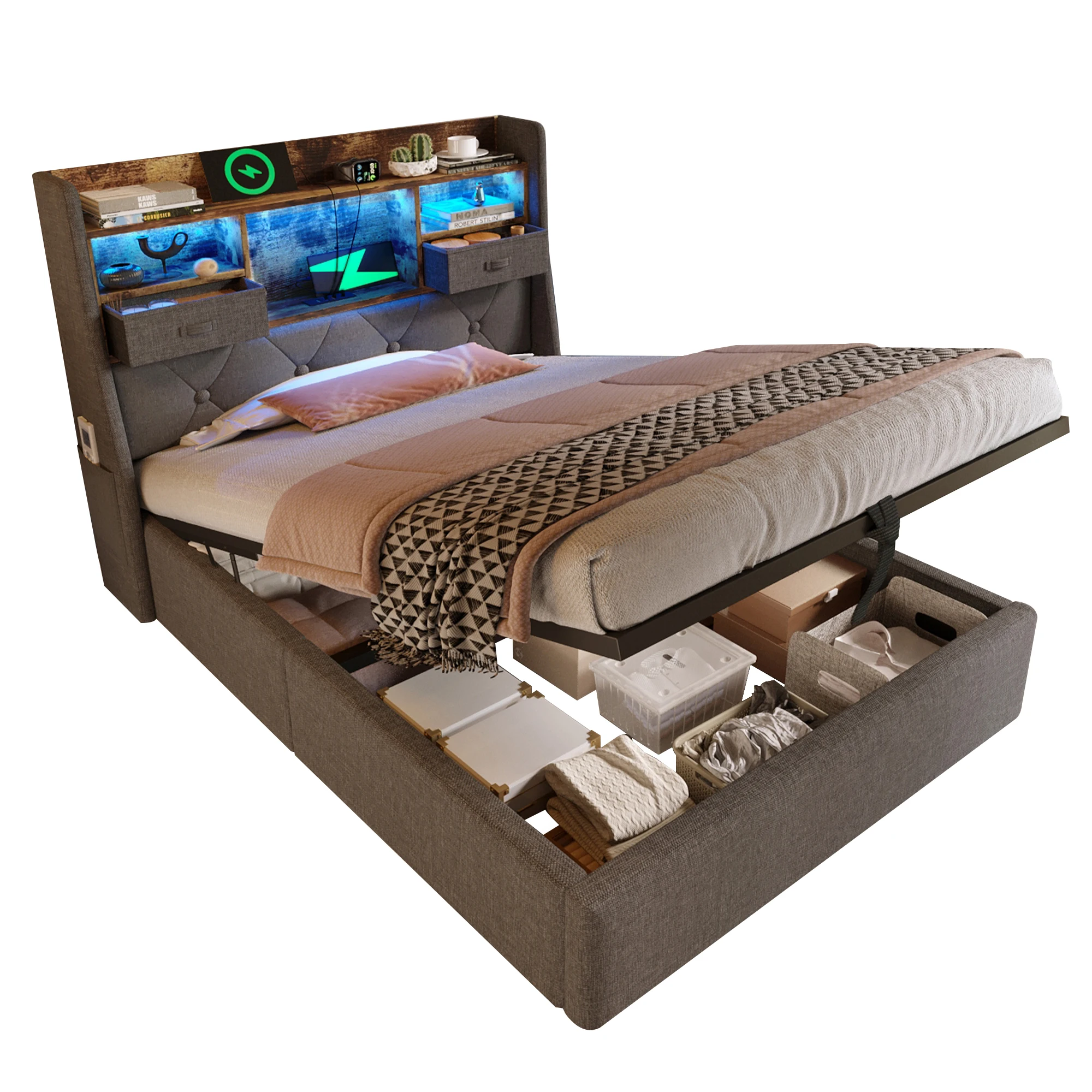 MODFU gestoffeerd bed 90x200 met LED USB/Type-C & bedbox grijs zonder matras - afbeelding 2