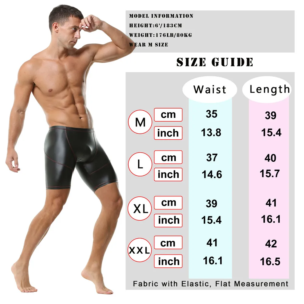 Sexy Mens Underwear Long Leg PU Leather Boxer Shorts Sexy Low Waist Tight Short Pants Male Nightclub Stage Underpants Man Boxers