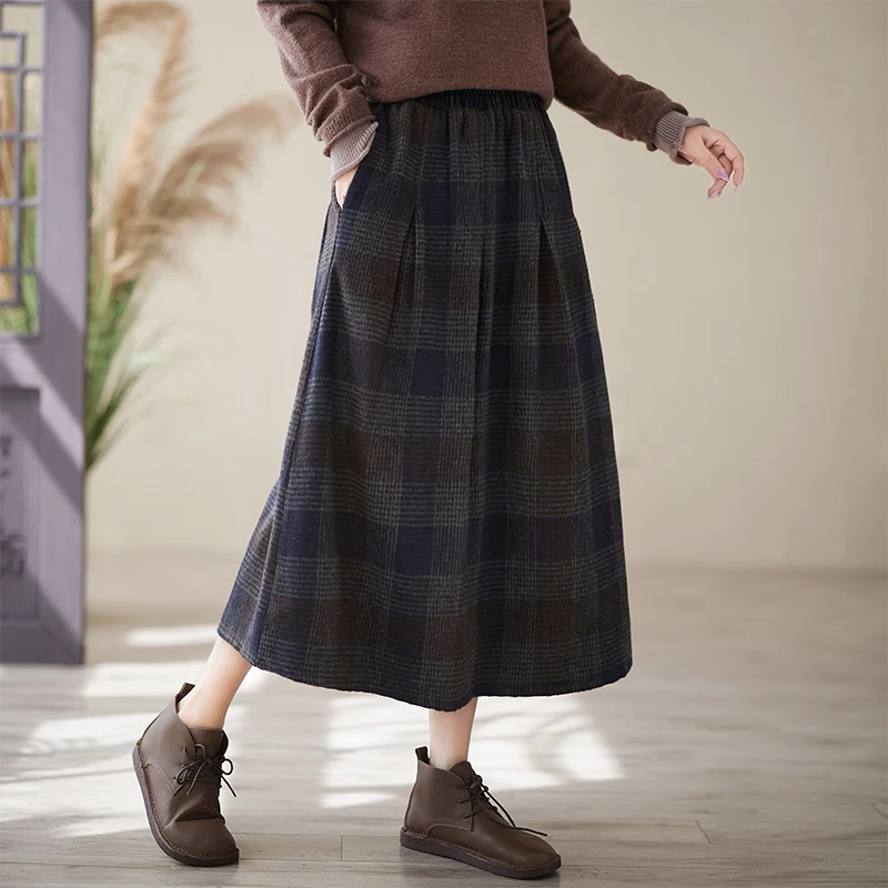 Retro Heavyweight Color Knit Plaid Half Skirt Women's Autumn Winter Warm Long Midi Plaid Skirt High Waist Tweed Fabric