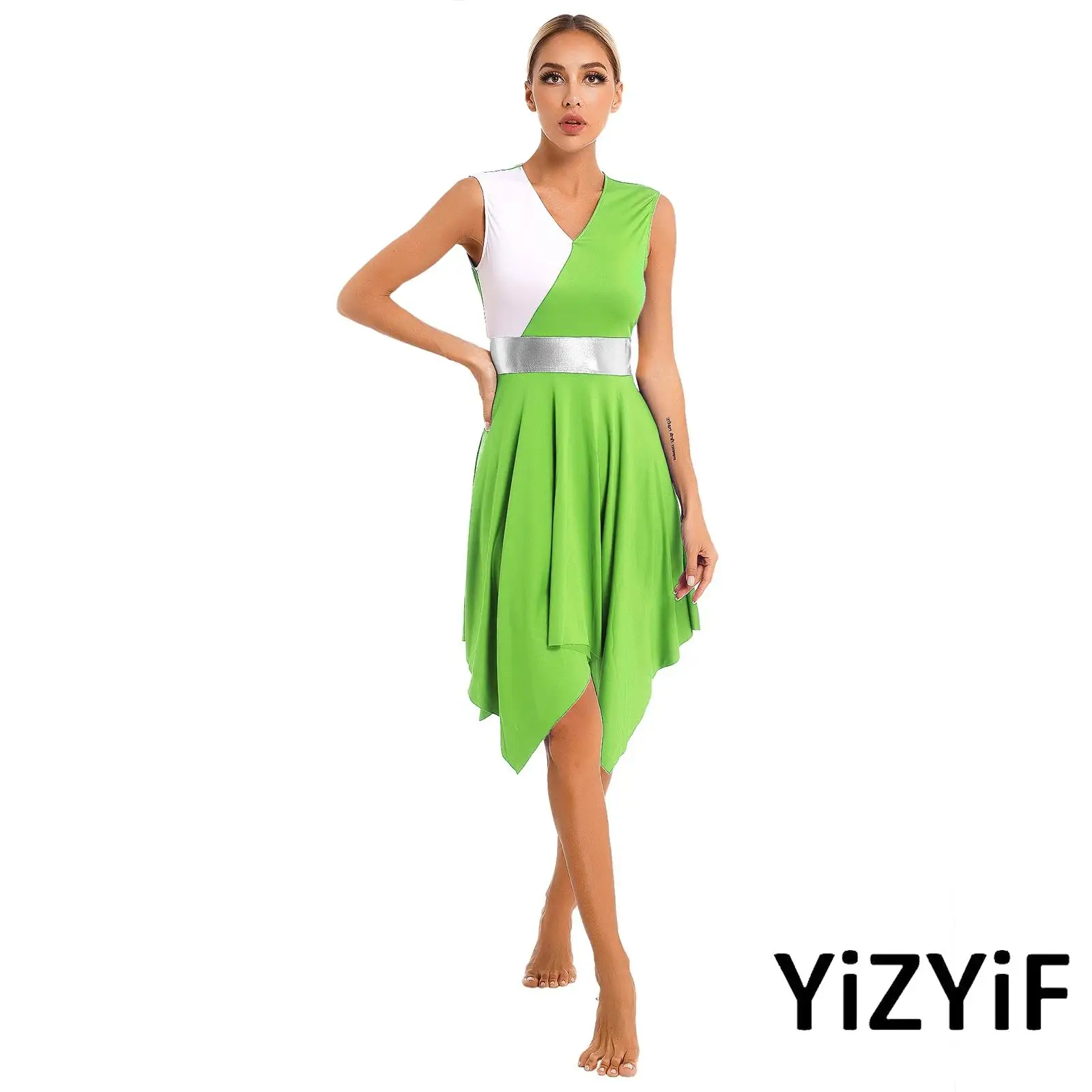 

Womens Metallic Color Block Modern Praise Dance Dress Liturgical Worship Dancewear Asymmetrical for Ballet Lyrical Dance Dress