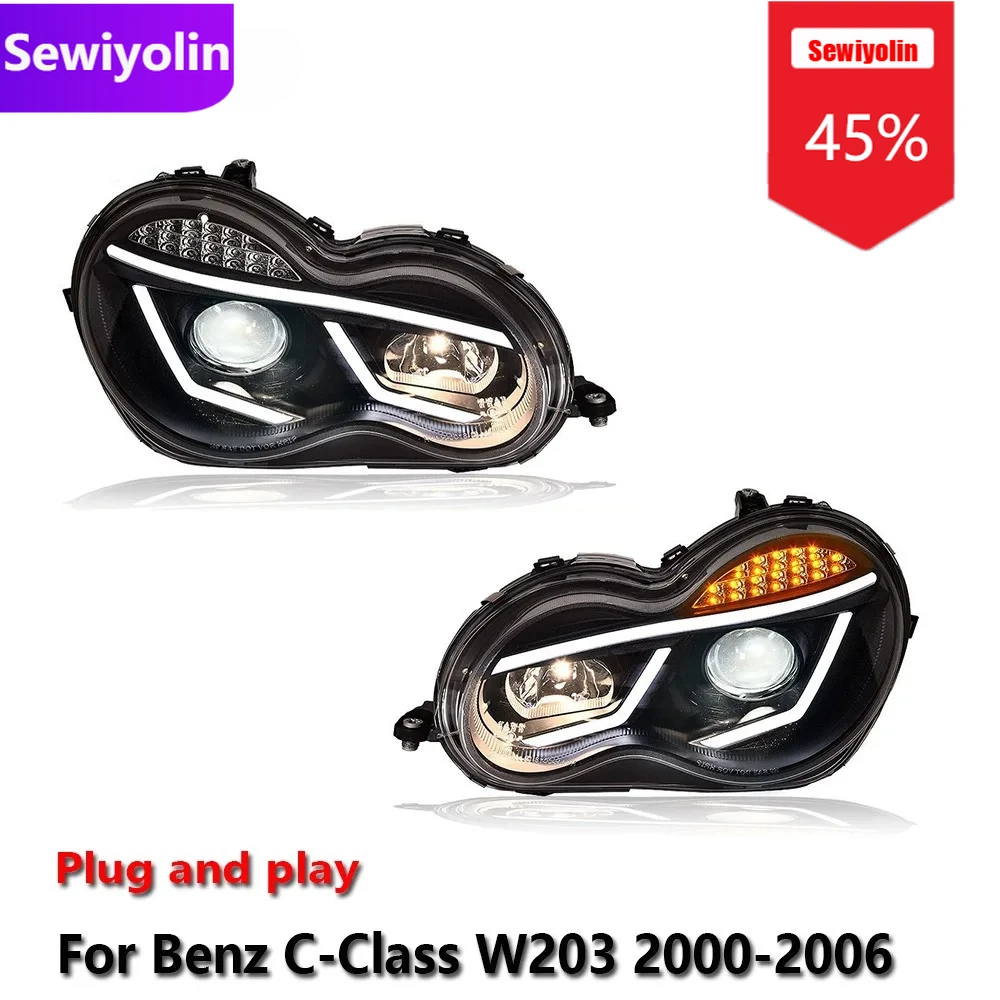 

Sewiyolin автомобильные светодиодные фары DRL в сборе для Benz C-Class W203 2000-2006, противотуманные фары DRL, стоп-сигнал поворота, Plug And Play