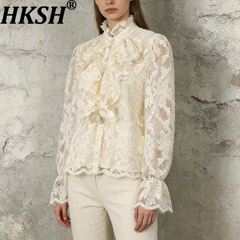 

Женская блузка HKSH в французском стиле с воротником-стойкой, рукавами-фонариками, вышивкой и оборками, на одной пуговице, милый топ, новинка весны HK19627