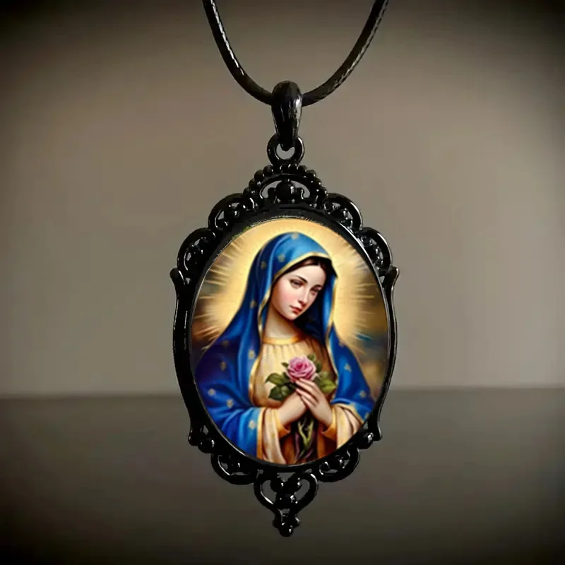 

Religious Virgin Mary Pattern Glass Pendant Necklace Black Border Pendant Necklace Car Pendant