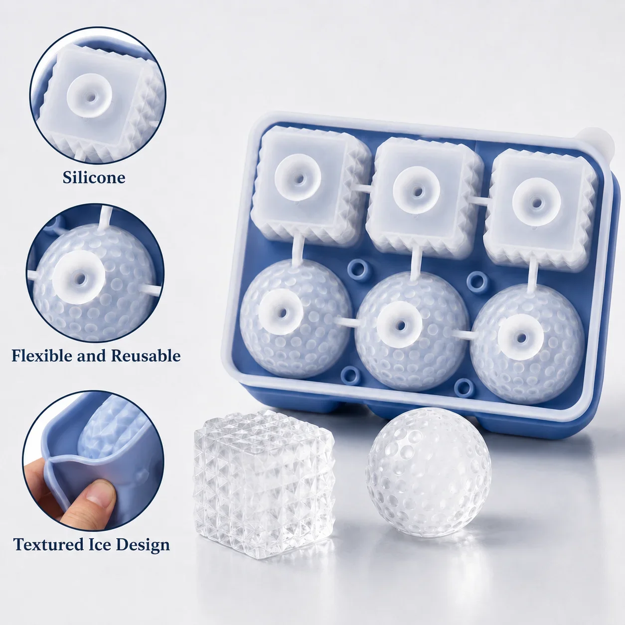 Silicone Whiskey Ice Cube Tray Ice Ball Maker Mold Sphere and Square Ice Mold with Funnel Easy Release for Cocktails Drinks