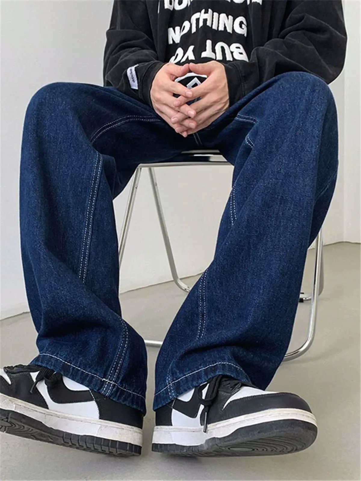 

Мужские джинсы свободного прямого кроя, темно-синие, винтажные, в американском стиле, для осени и зимы, новая модная коллекция, повседневные, удобные, из денима.