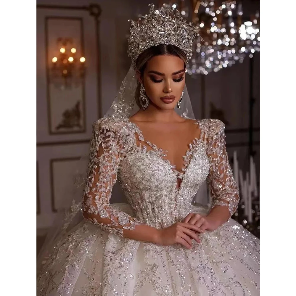 Luxuoso muçulmano sexy vestidos de casamento de manga longa sparkly apliques requintado profundo decote em v até o chão vestidos de baile de noiva feminino