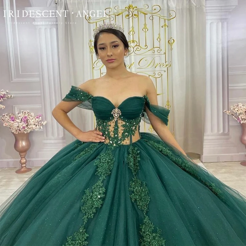 Iridescente Brilhante Esmeralda Verde Vestido De Baile 15 Ano Velho Sexy Quinceanera Vestidos Com Apliques Frisado Celebrity Party Gowns