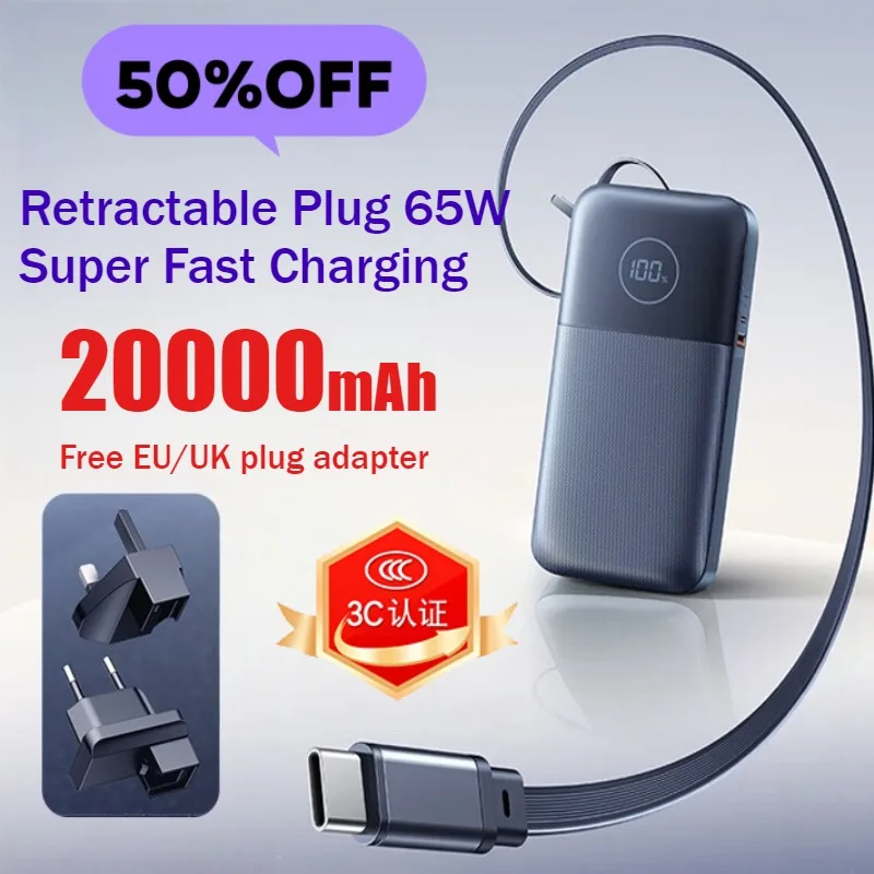 65W 20000mAh Retractable Cable Fast Charging Power Bank Built-in Cable Portable Charger with Plug 3C Certified