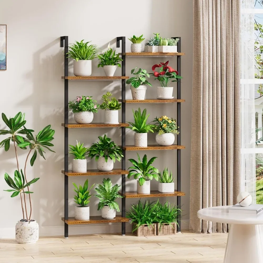 Groot op de muur gemonteerd indoor plantenrek met groeilampen, groot metaal, geschikt voor een verscheidenheid aan kamerplanten, 8-laags, 63 in