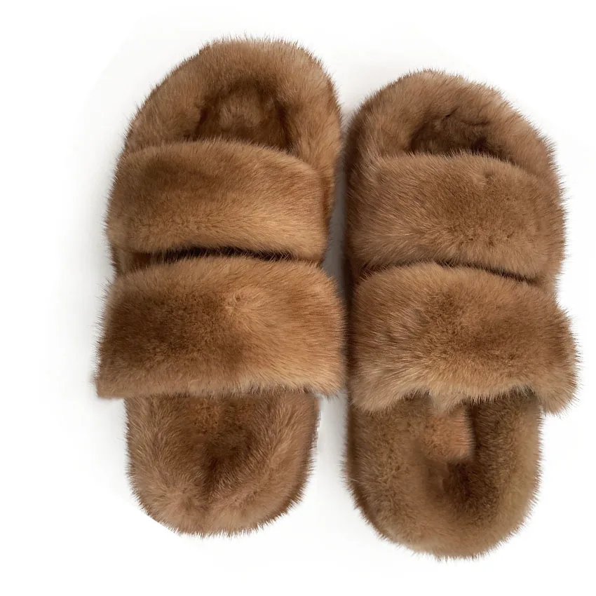 Summer 100% Mink Fur Slippers Flat Heel Luxury Fluffy Sandals 3cm Fashion High-End Luxury Customization 2024 Women's Shoes