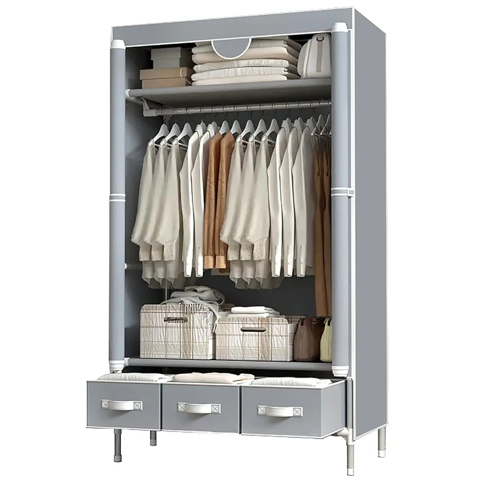 

Portable Clothes Closet Rolling Door Wardrobe With Hanging Ra Non-Woven Fabric Storage Organizer With Three Drawer Boxes