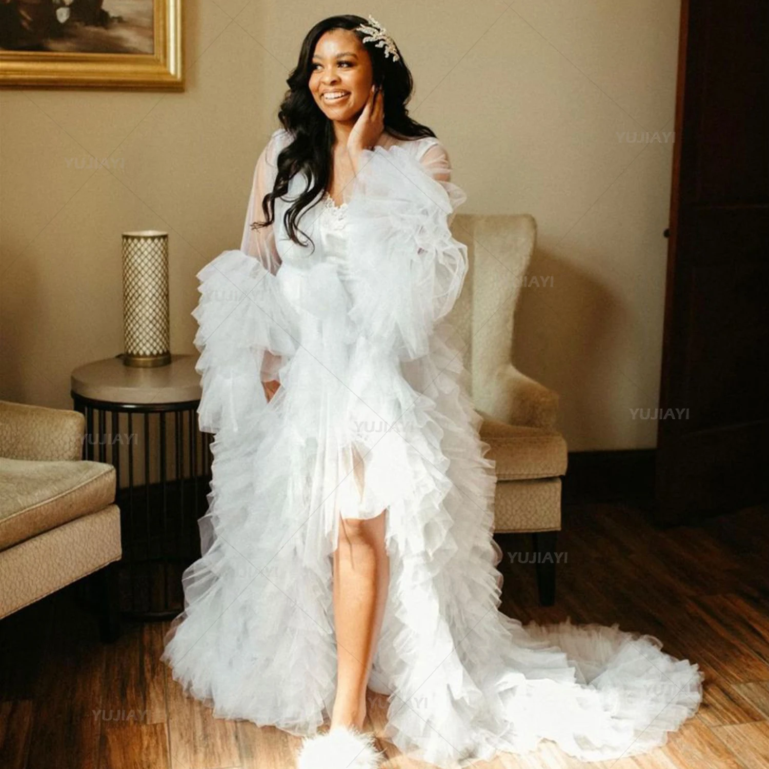 White Bridal Robe Wedding for Photoshoot Sheer Long Tulle Baby Gown Puffy Maternity Sleepwear Pregnancy Women Lingerie Nightwear