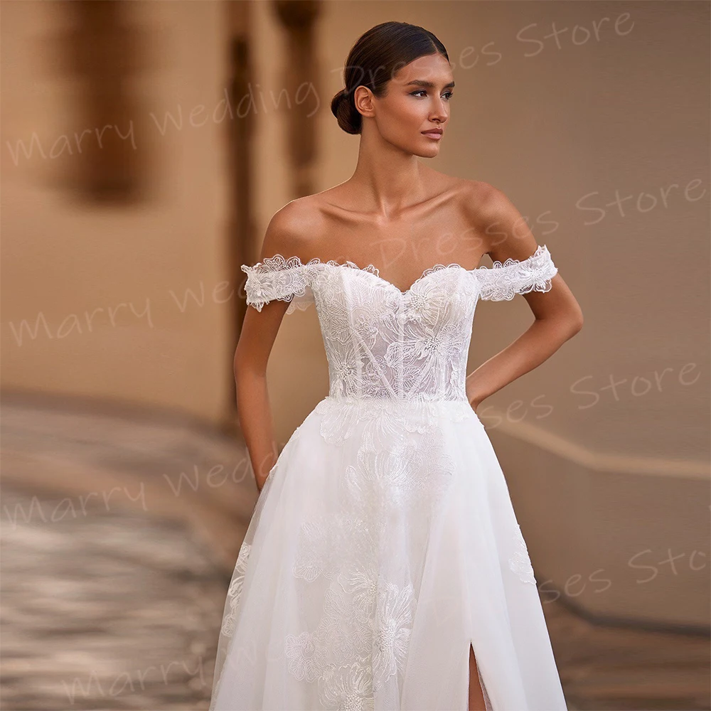 Classic A Line Women's Wedding Dresses Beautiful Appliques Lace Bride Gowns Modern Off The Shoulder Side Split Vestidos De Novia