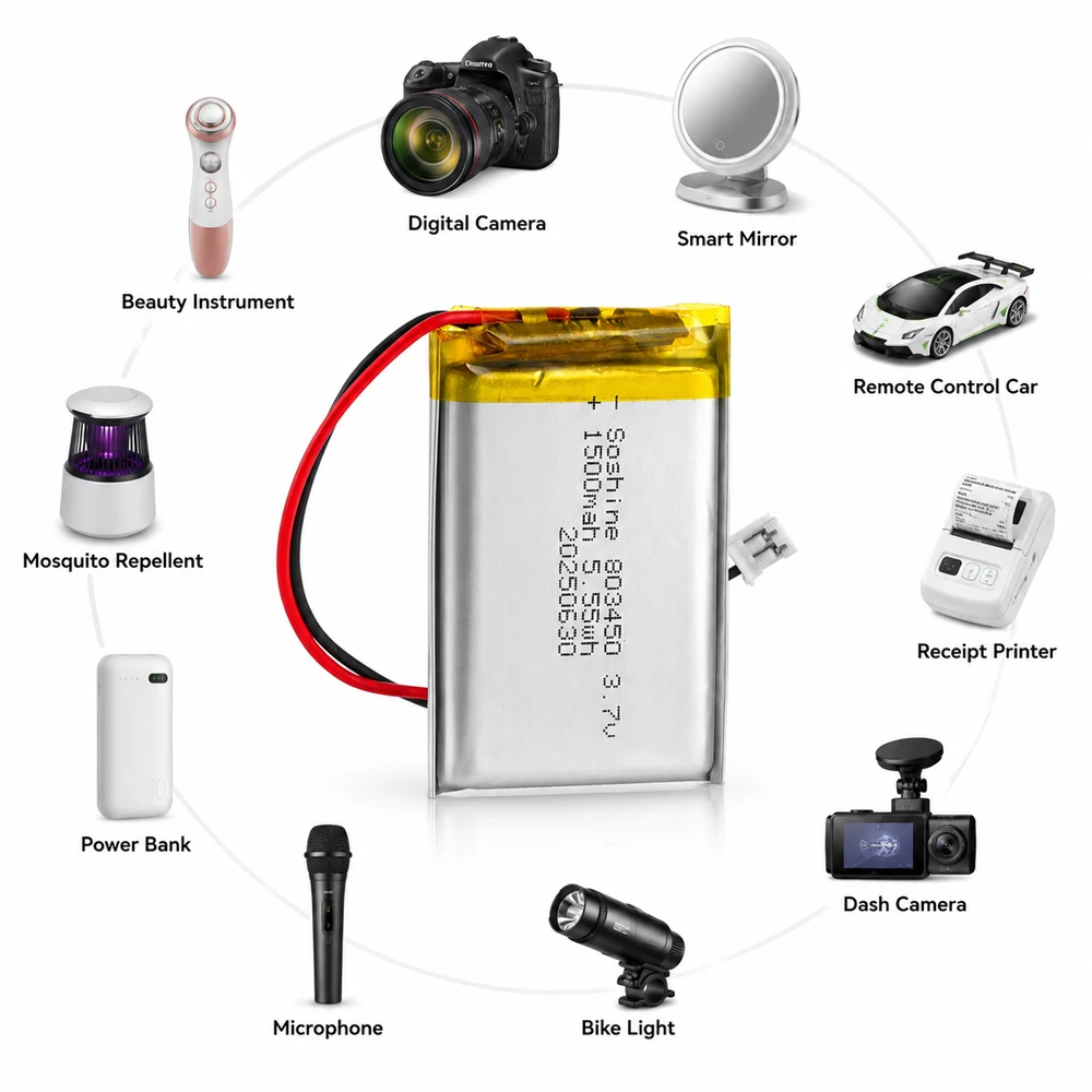 Akumulator litowo-polimerowy 3,7 V 1500 mAh 803450 do zestawu słuchawkowego Bluetooth, aparatu, GPS, audio, radiotelefonu — zdjęcie produktu 4