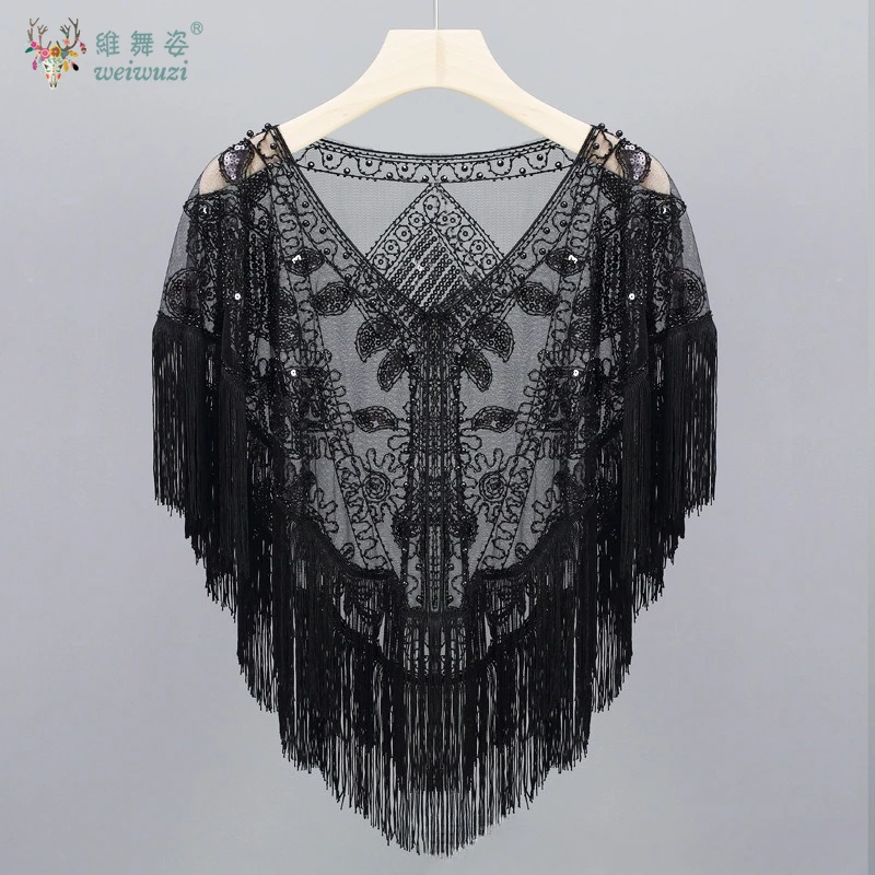 빈티지 연회 및 무도회 이브닝 드레스 스팽글 프린지 숄 메쉬 스팽글 비즈 자수 쉬운 매칭 이브닝 드레스 액세서리