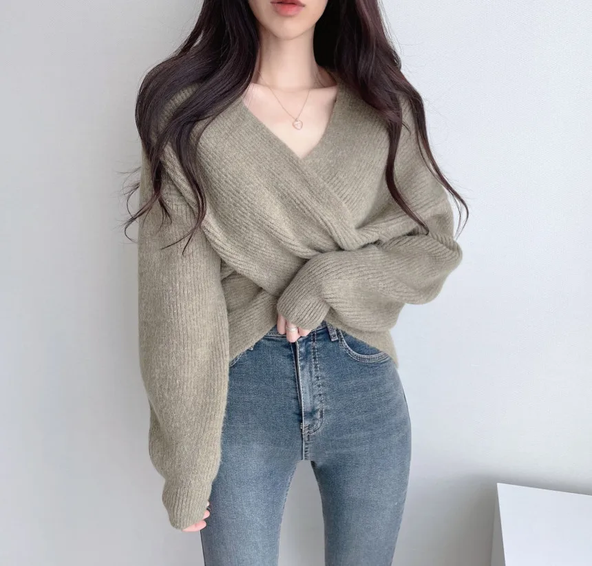 Suéter de punto Y2K coreano Chic cruzado cuello en V jersey de manga larga Color sólido Otoño Invierno Tops