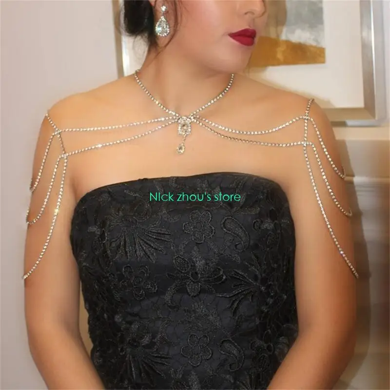 E15E سلسلة كتف شرابات متعددة الطبقات للرجال والنساء للجنسين سلسلة خلفية مع أحجار الراين قلادة مثيرة مجوهرات الحفلات المسائية #3