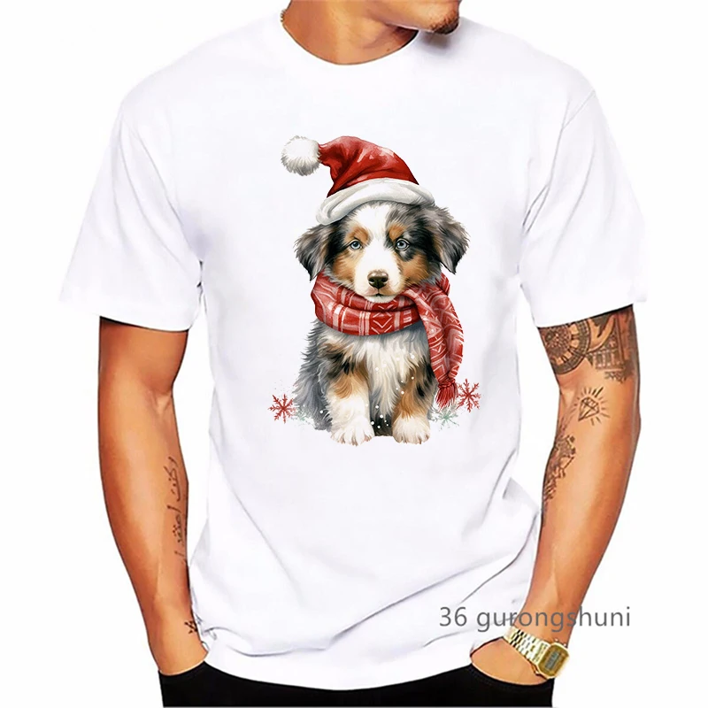 Watercolor Christmas Australian Shepherd Animal Printed T Shirt Men Funny Casual Tshirt Homme Harajuku Shirt Summer T-Shirt