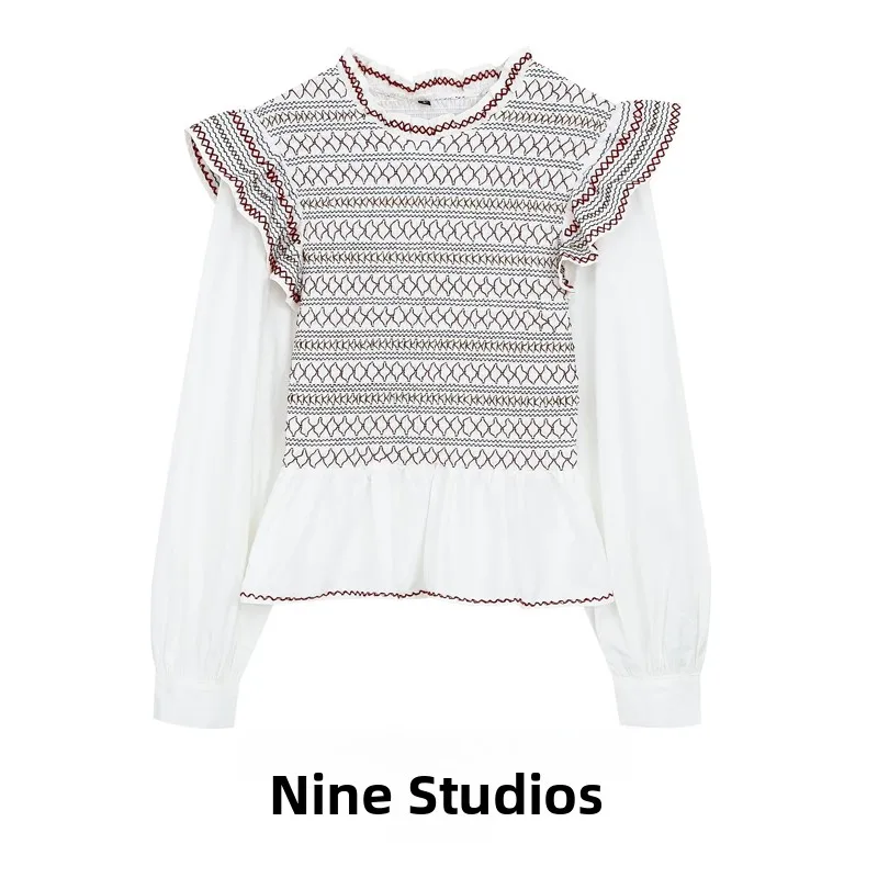 NINE ZAR Women's Embroidered Honeycomb Pattern Long Sleeve Shirt round Neck Fly Sleeve Fashionable European Style Shirt