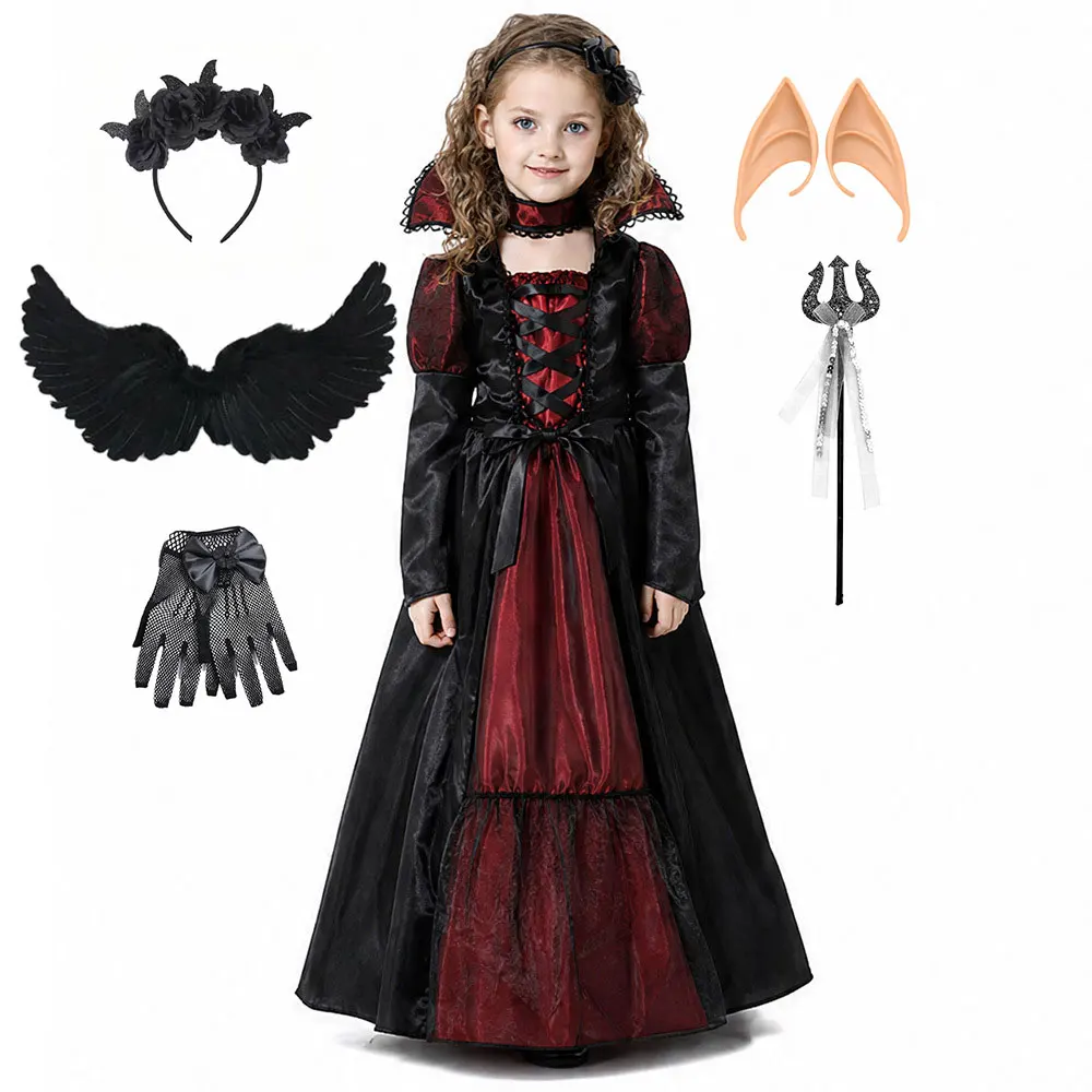 Vampir-Königin Cosplay-Kostüm Mittelalterliches Gotisches Schwarzes Rotes Langes Kleid mit Spitzenkragen Mädchen Halloween-Party Rollenspiel Fantasie-Outfit