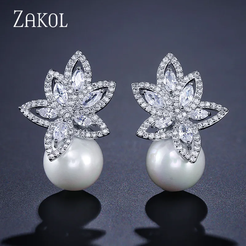 ZAKOL Simulated Pearl Stud Earrings Exquisite Cubic Zircon Earring for Elegant Women Bridal Wedding Jewelry EP185