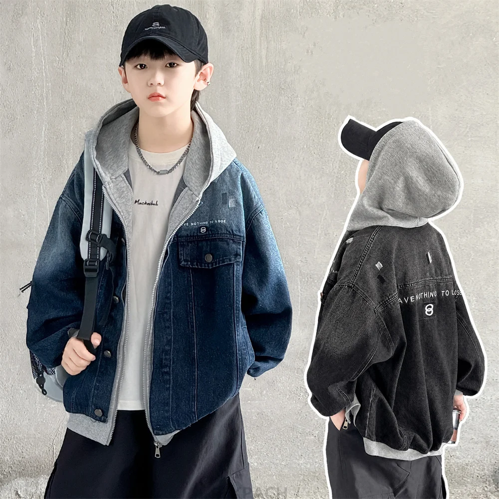Autumn High Quality Children Black Blue Denim Jacket with Hood for Boys Luxury Hooded Coat Outfit Kids Casual Spring Clothing