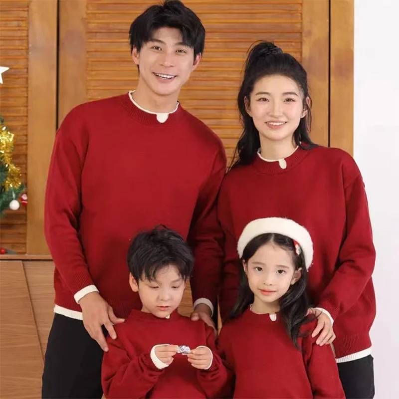 

Adult Kids Knitted Sweater for Family Matching Clothes Dad Mom Daughter Son Woman Men Girls Boys Retro Red Tops Pullover Outfits