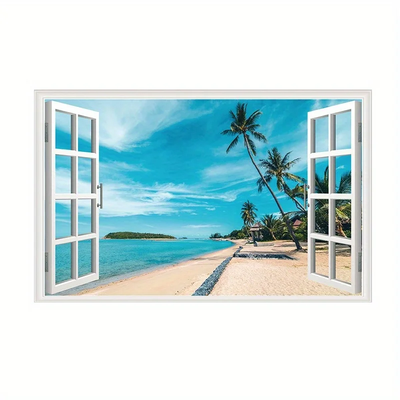 3D Natural Scenery Fake Window Stickers Sakura Tree Beach Building Wall Art Mural Decals Home Office Decoration Vinyl Wallpaper - Image 3