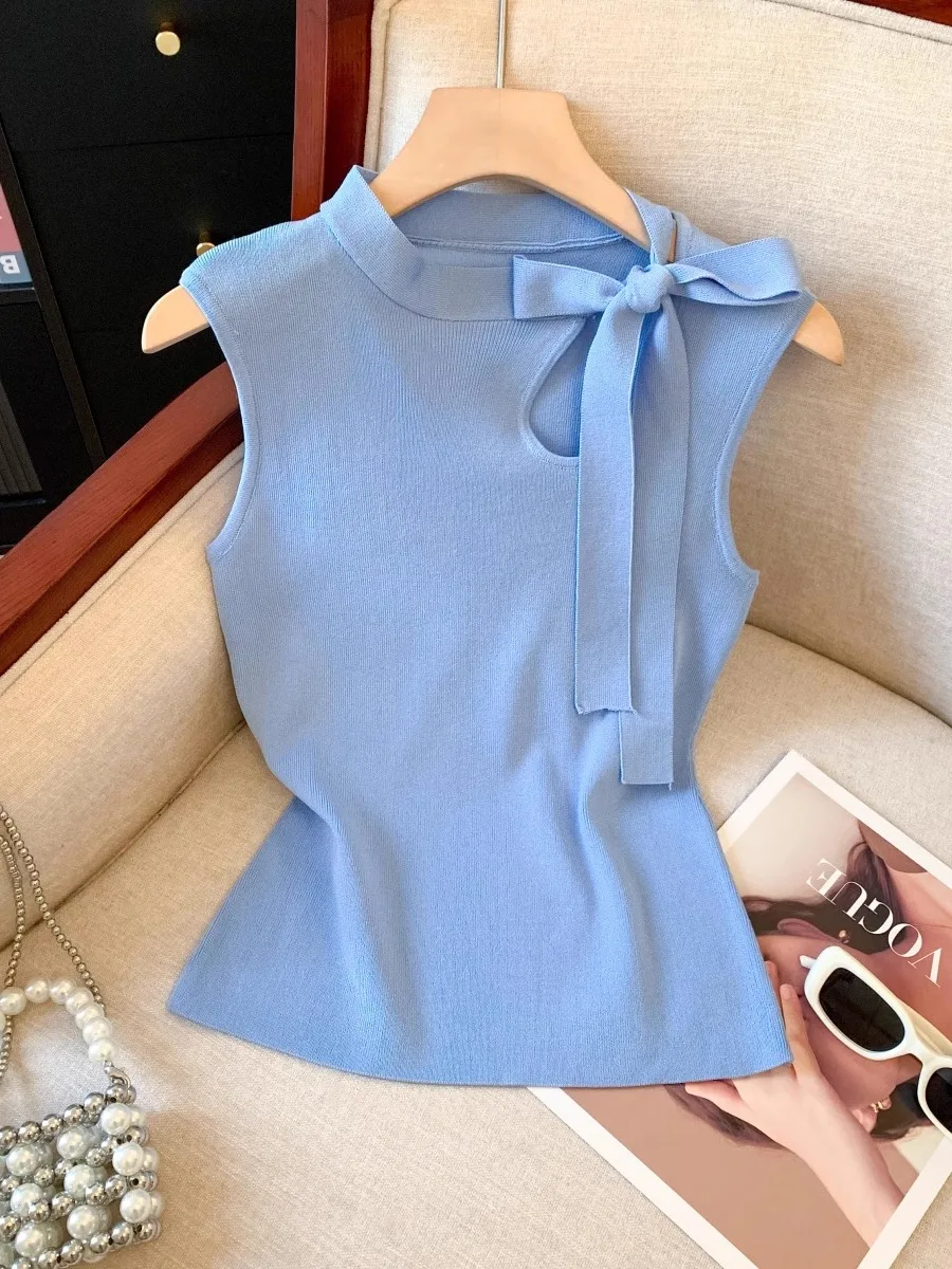 

Модный вязаный жилет с завязками на талии для женщин, летняя верхняя одежда, однотонный