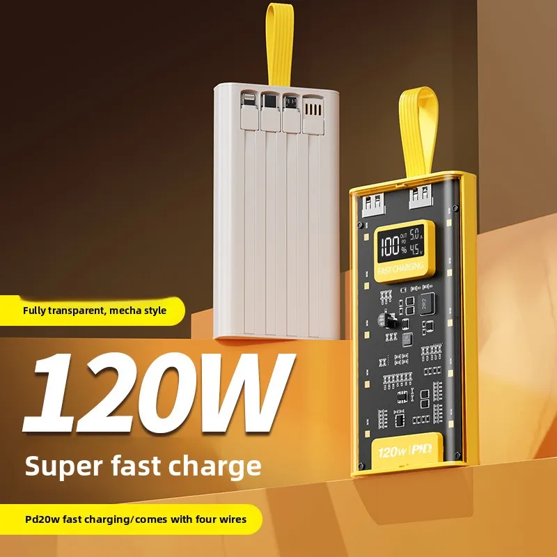 

Прозрачный Power Bank с быстрой зарядкой, 30000 мАч, сверхбольшая емкость, со встроенным кабелем, внешний аккумулятор для мобильных устройств