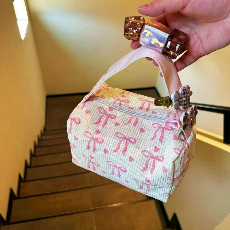 Corduroy Cosmetic Bag For Women Bow Print Large Capacity Zipper Storage Handbag New 2025