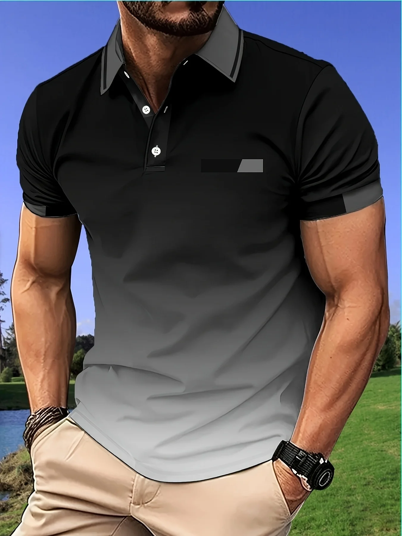 Summer men's short-sleeved polo shirt with 3D print gradient color breathable casual and fashionable outdoor clothing