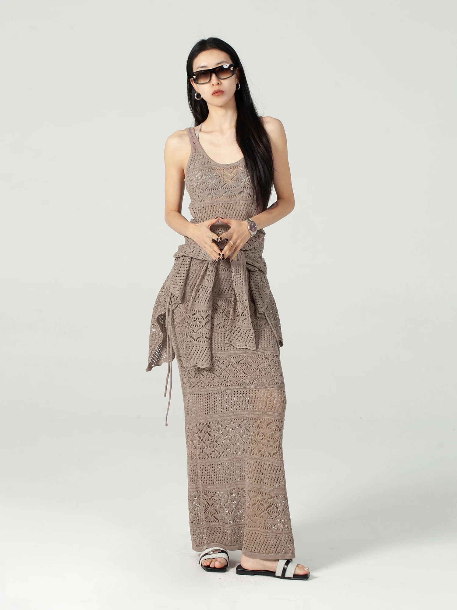 

Biossance Bohemian Style Linen Hollow out Vacation Cardigan And Vest Set Women's Fashionable Three-Piece Suit Summer Autumn S...