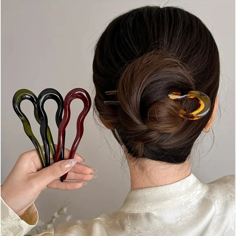 Horquilla para el pelo elegante en forma de U, palitos para el pelo de diseño geométrico a la moda de acetato, horquilla de carey, accesorios para la cabeza para mujeres y niñas