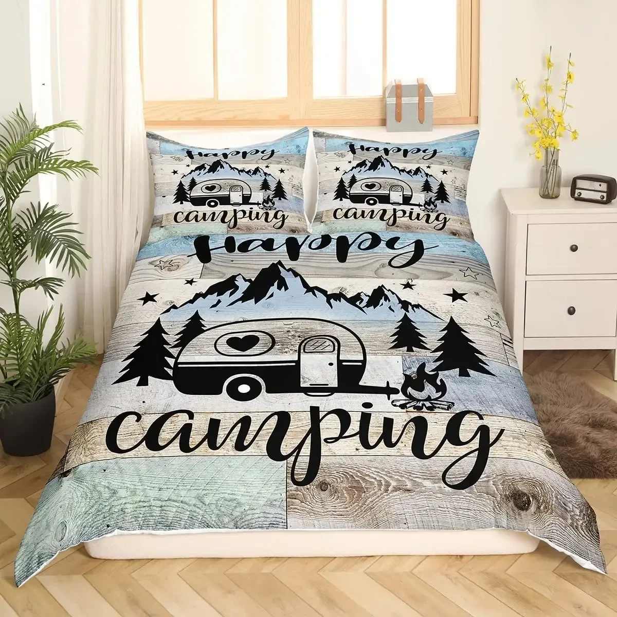 

Happy Camping Duvet Cover Set Camper Comforter Cover Vintage Old Barn Door Bedding Set Cowboys Wooden Farmhouse Style Bedspread