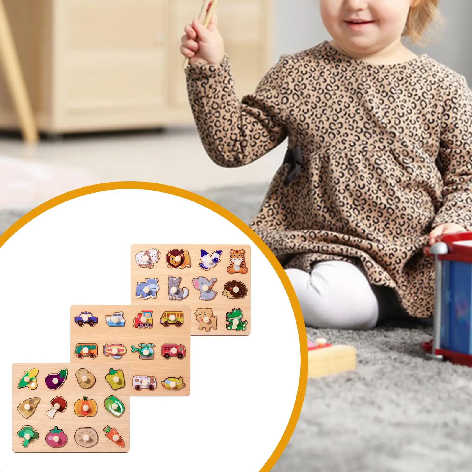 木製ペグパズル 形合わせボード インタラクティブ漫画 木製学習パズル 教育学習玩具 子供用 就学前