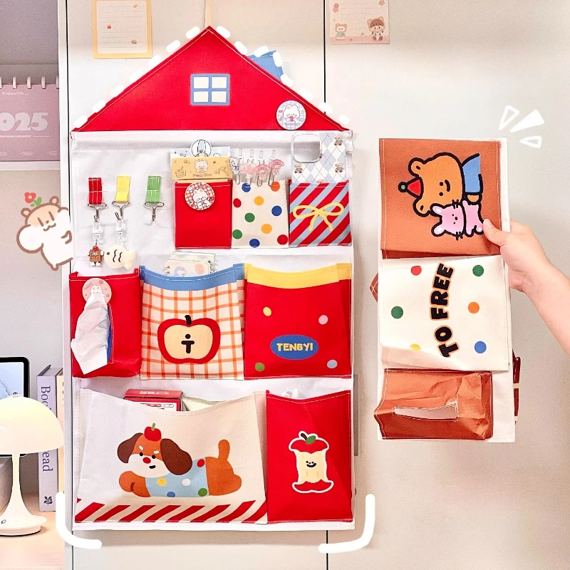Kawaii Hanging Bag Decoration Woman Girls Door Wall Mounted Storage Organizer Bags with Hooks Pockets Multi Layer Hanging Bags