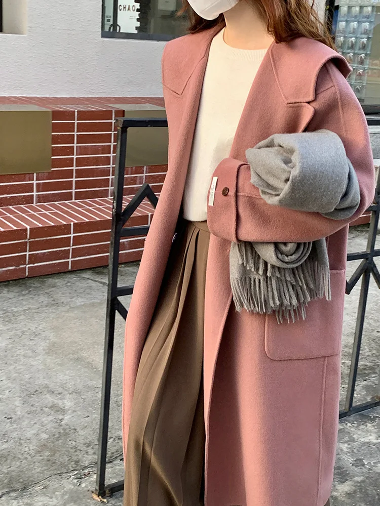 Abrigos largos de lana para mujer, chaquetas holgadas con capucha de estilo coreano, color rosa, 2022, traje hecho a mano con cuello de doble botonadura, Invierno 100%