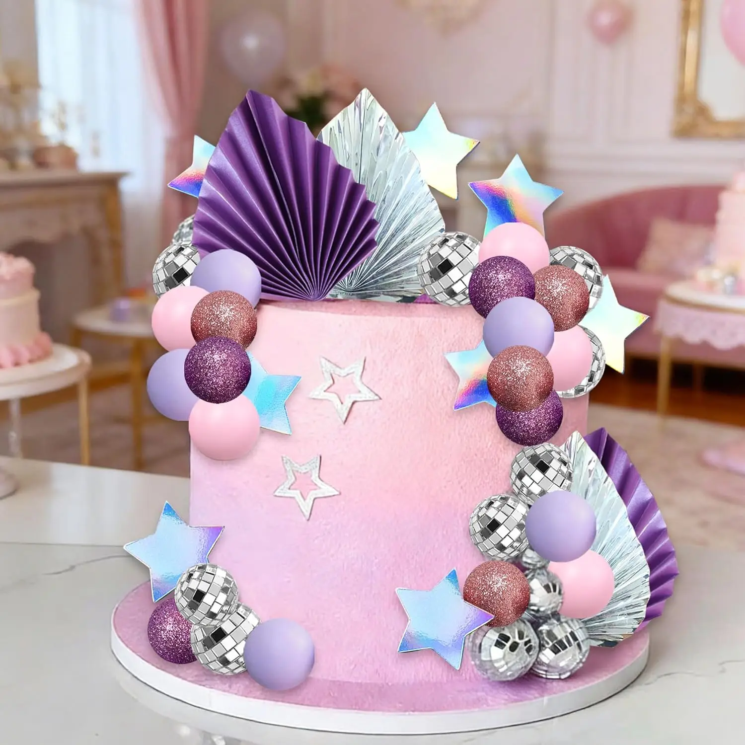 Decoraciones para Pastel en Tonos Rosa Pastel, Adornos de Bolas de Discoteca y Estrellas para Cumpleaños y Despedidas de Soltera