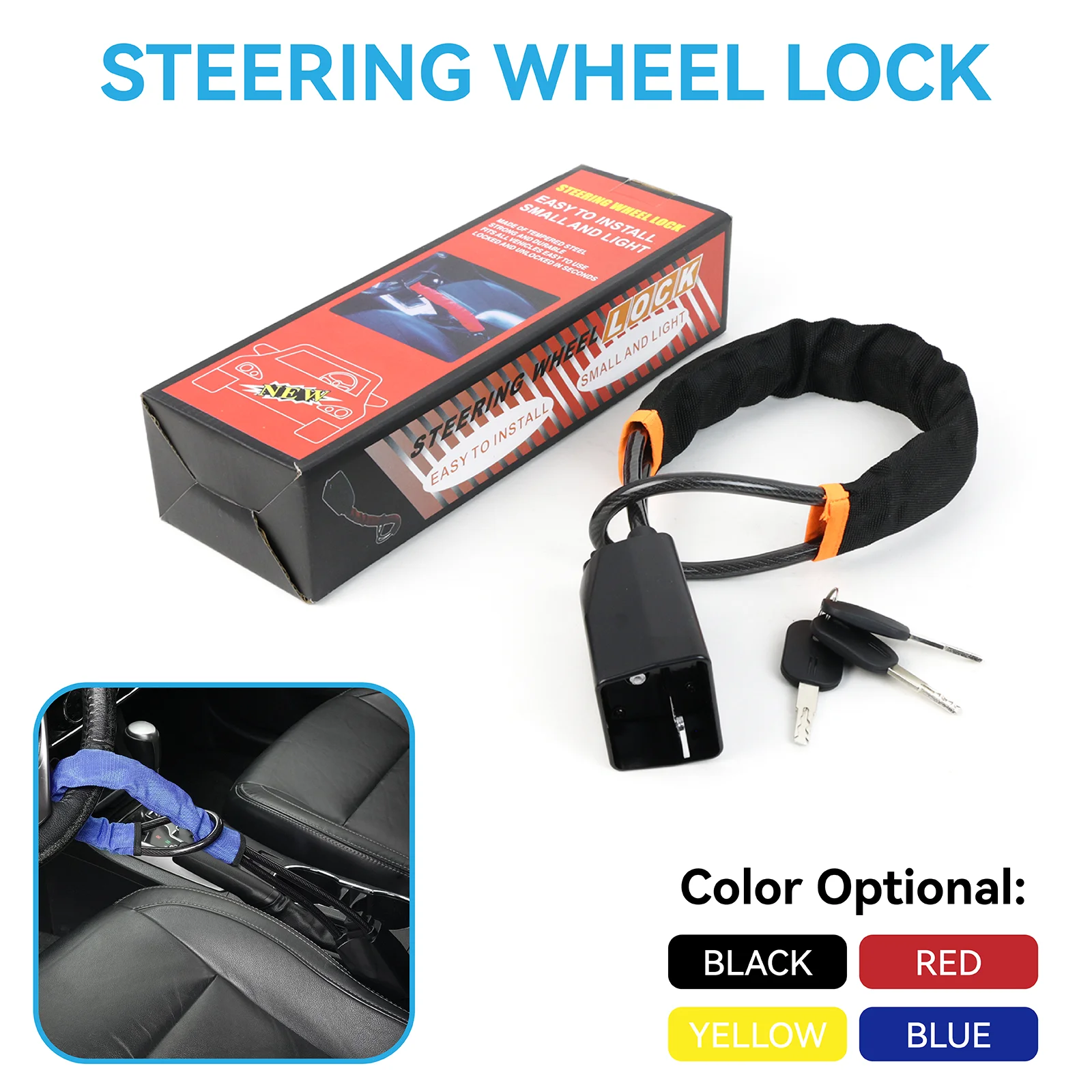 

Car Steering Wheel Lock With Seat Belt Socket Steel Rope for Truck SUV Van RV With 3 Keys Universal Anti Theft Protection Device