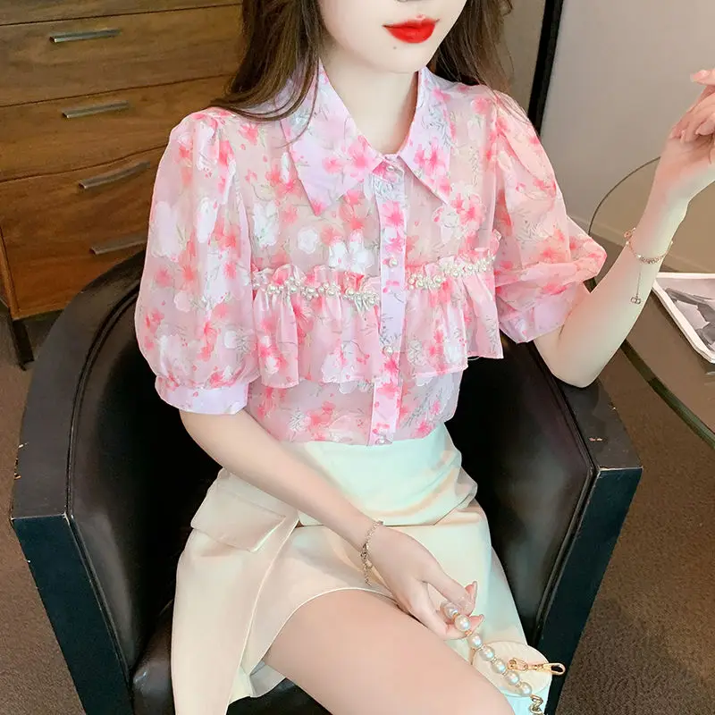 Sweet Lapel Printed Ruffles Beading Puff Sleeve Shirts Female Clothing 2024 Summer New Loose All-match Tops Chic Chiffon Blouses