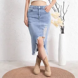 Ripped Destroyed Denim Skirts Women High Waist Slim Fit Bodycon Hips Pencil Long Skirt Elegant Plus Size S-5XL Faldas Mujer Moda