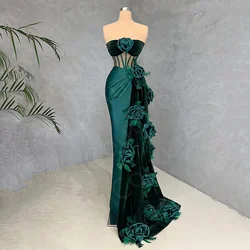 Vestido de baile sem alças com veludo, Vestidos de festa formais longos, Top de ilusão, Verde esmeralda, Flores, Casamento, Nova chegada, 2024