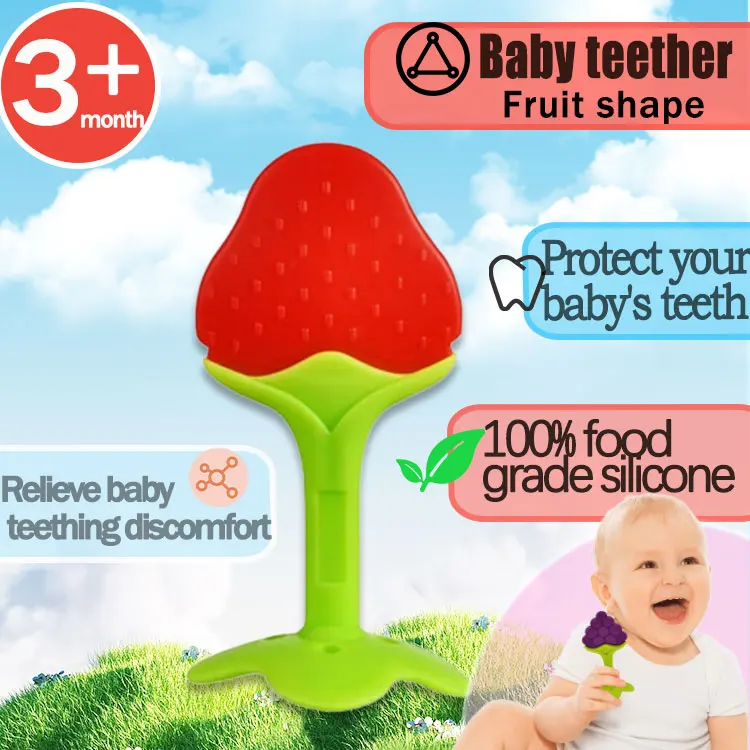 Giocattolo per massaggiagengive di sicurezza con bastoncino per massaggiagengive a forma di frutta per bambini in silicone alimentare 0-36 mesi per l'apprendimento precoce e il regalo di compleanno del bambino