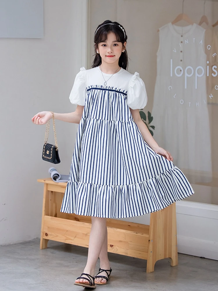 

Teen Girls striped dress, primary school students' 2025 summer dress, Kids casual dress, bubble sleeves, big children's prince