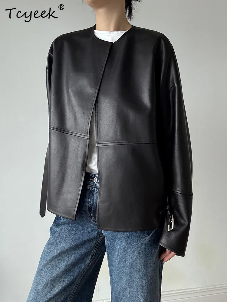 Tcyeek Echt Leren Jas Dames Lente Herfst Jassen Echte Schapenvacht Jas voor Vrouw Jassen Loose Fit Semi Plantaardig Looien