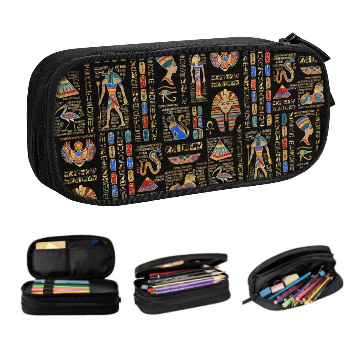 Custom Cute Egyptian Hieroglyphs And Deities Pencil Cases for Ancient Egypt Art Large Storage Pen Bag Box School Accessories