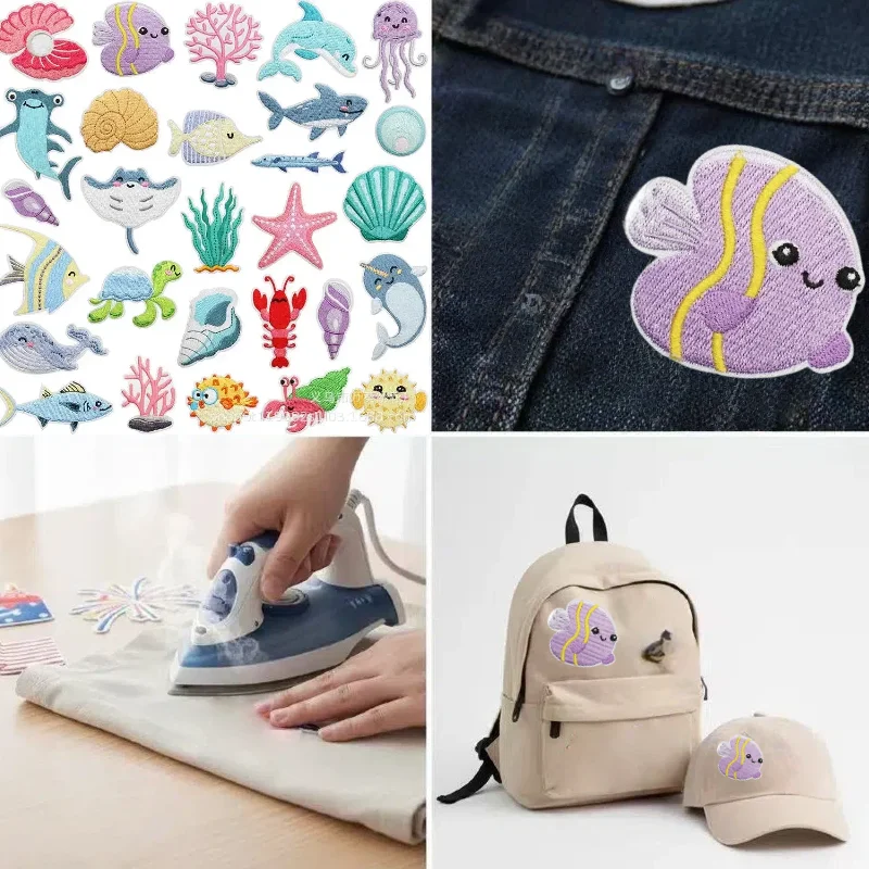 

Jellyfish Whale Embroidery Cloth Sticker Cartoon Sea Creature Patch Sticker Clothes Decorative Shell Shark Embroidery Chapter
