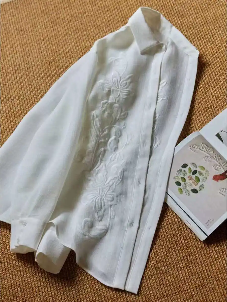 Largo largo Sve cuello bordado mujer irt primavera otoño blanco Casual Faion coreano Sle mezcla de poliéster