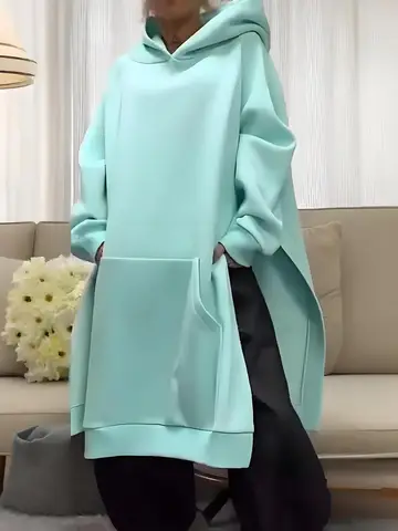 Women Plus Size Mint Green Solid Air Layer Hooded Tunic Side Split Pocket Oversized Daily Sweatshirt